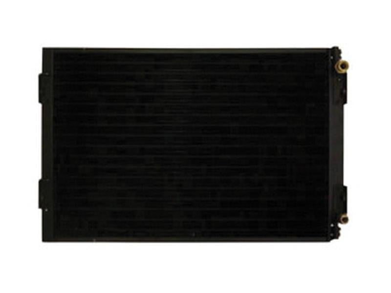 Image of the Sparex Condenser (Part number: S.106685), a black automotive radiator with a core thickness that ensures optimal cooling efficiency, featuring two metallic connection points on the right side.