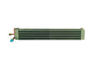 The Sparex Evaporator (Sparex Part Number: S.106732) is a horizontal metal heat exchanger with fins, designed with core dimensions for optimal performance, and features convenient flare plumbing connections on the left end.