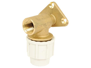 The Sparex Wall Plate Elbow x 1/2 (Sparex Part Number: S.107007) is a brass plumbing fitting with a threaded end and a white plastic base, featuring a 20mm thread size, mounted on a triangular bracket with two screw holes.