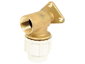 The Sparex Wall Plate Elbow x 3/4 (Sparex Part Number: S.107008) features a threaded brass connector on one end and a white plastic connector on the other, along with a convenient mounting flange for easy installation. This brass and plastic plumbing elbow fitting is available at Sparex Centre in a 25mm nominal size with a 3/4'' thread size.