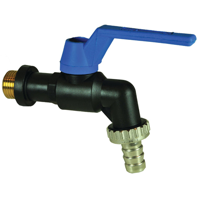 Close-up image of the Sparex Arctic Bib Tap - x (Sparex Part No. S.107010) water faucet featuring a black and brass finish, a blue handle, and a spout designed for hose attachment with a 3/4'' thread size.