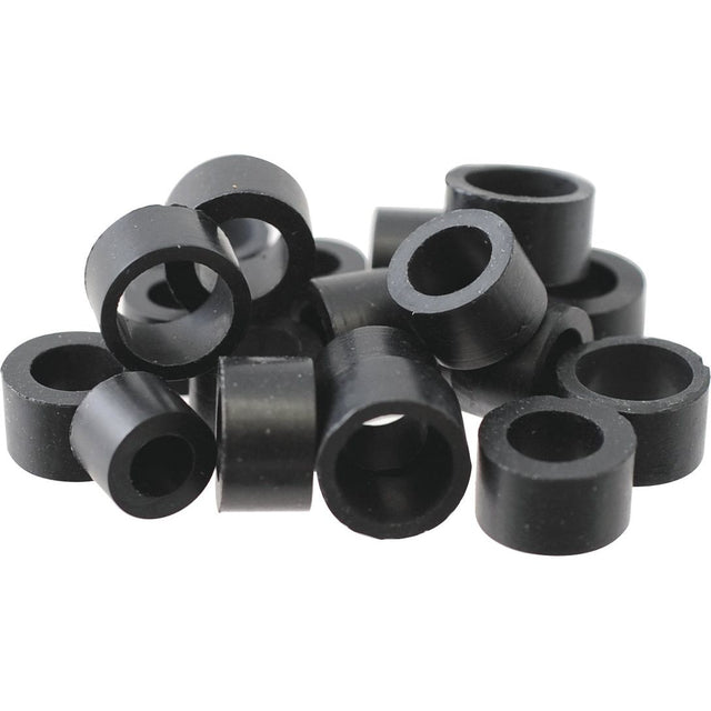 A pile of small, black, cylindrical rubber grommets with a hole in the center, labeled as Rubber Olive Kit | Sparex Part No. S.107360, 20 pcs., from the brand Sparex.