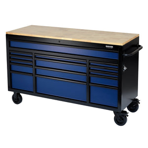 The Draper Bunker® Workbench Roller Tool Cabinet, featuring 15 soft-close drawers, a hardwood worktop, and caster wheels for effortless mobility, is a premium steel cabinet available in 61" blue.