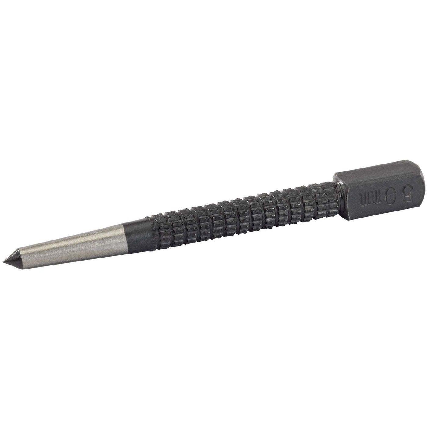 The Draper Centre Punch, 5 X 100mm - 623, is displayed with a black textured grip and a silver pointed tip, featuring durable carbon steel construction.