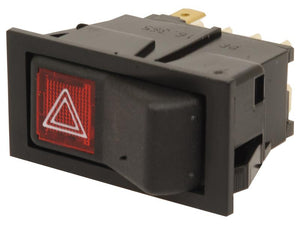 The Sparex Hazard Light Switch - Rocker, in black with a rectangular design and a red triangular warning symbol, is equipped with multiple metal prongs on the back and is typically used for 12V systems.