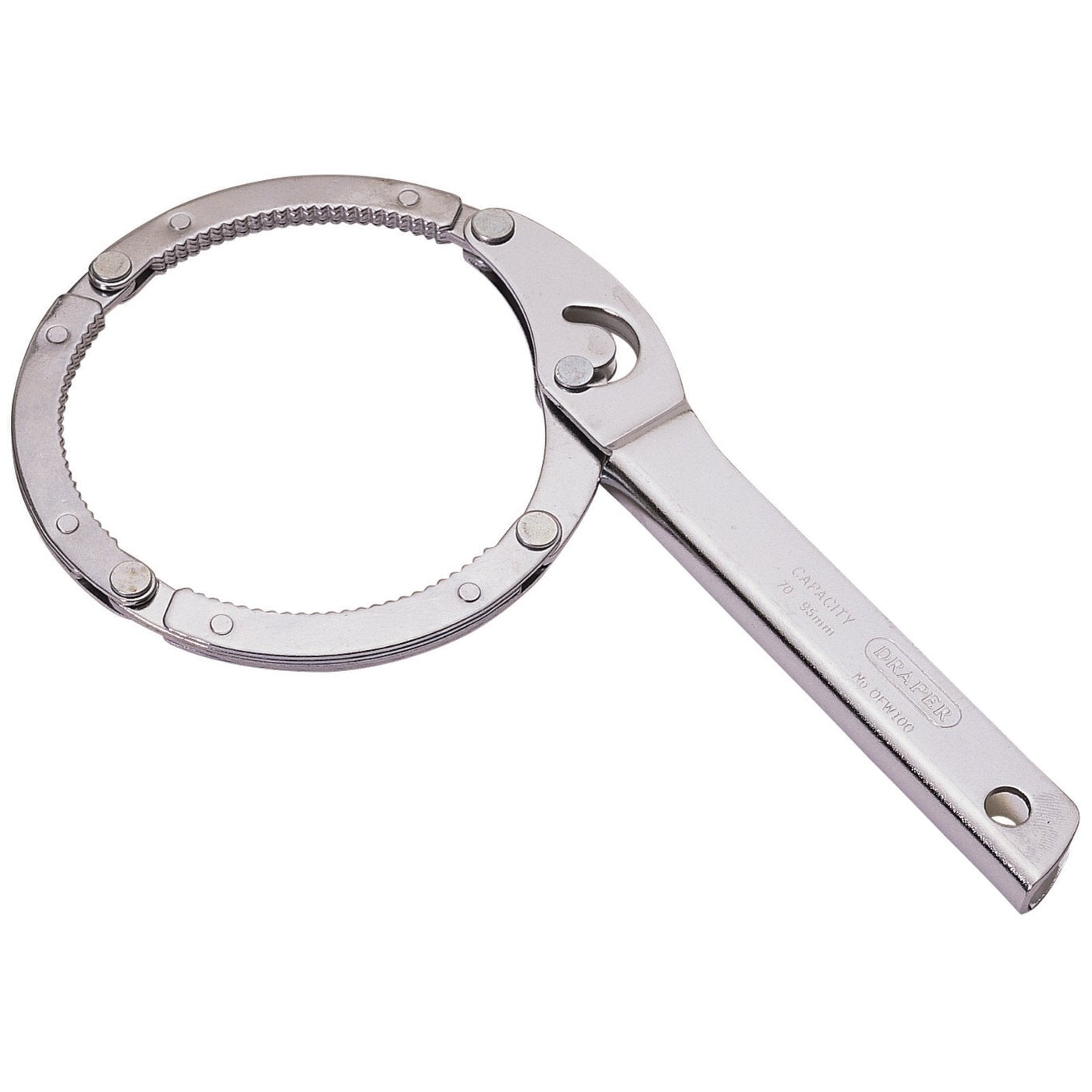 The Draper Oil Filter Wrench, 100mm - OFW 100, features a circular adjustable strap, a textured grip handle for tightening or loosening objects, and an automatic clamping ring for securing oil filters.