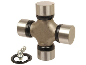 The Sparex Universal Joint (Part Number: S.107917) features four cylindrical metal ends and rubber seals, and includes a small fitting and a circular clip, making it ideal for use in 4WD vehicles.