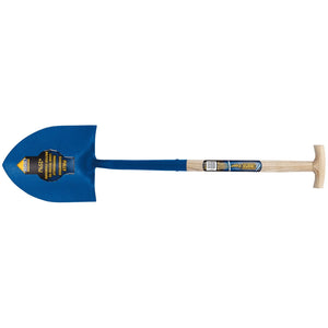 The Draper Expert Contractors Round Mouth No.2 Shovel with Ash Shaft and T-Handle, known as the RMSSSTH/H, features a blue point tip, a long ash wood shaft handle, and corrosion protection.