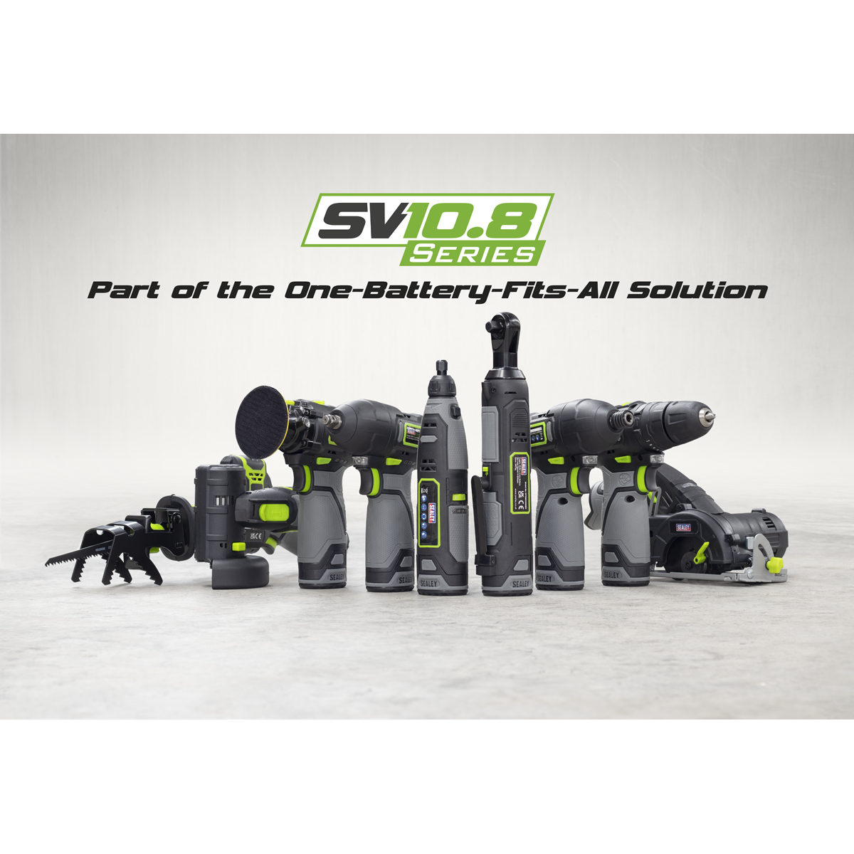 A series of power tools from Sealey's SV10.8 series arranged in a row, showcasing various devices with a "One-Battery-Fits-All Solution" label above them and featuring the Cordless Combi Drill Ø10mm 10.8V SV10.8 Series - Body Only (CP108VDDBO) equipped with a 10.8V battery and hammer function cordless drill.