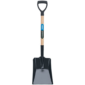 The Draper Carbon Steel Square Mouth Builders Shovel With Hardwood Shaft - BS/PYD features a lacquered hardwood shaft, carbon steel blade, and a black D-grip.