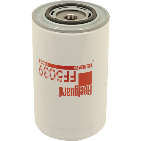 A white cylindrical fuel filter with red text: "Sparex Fuel Filter - Spin On - FF5039 | Sparex Part No.S.109052" printed on it.