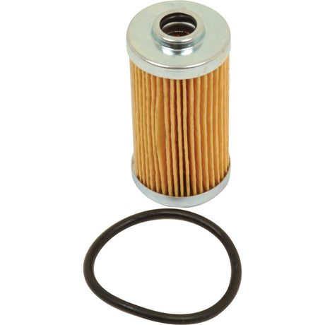 A cylindrical Sparex Fuel Filter - Element - FF5260 (Sparex Part No.S.109079) with metal caps and an O-ring is displayed against a white background.