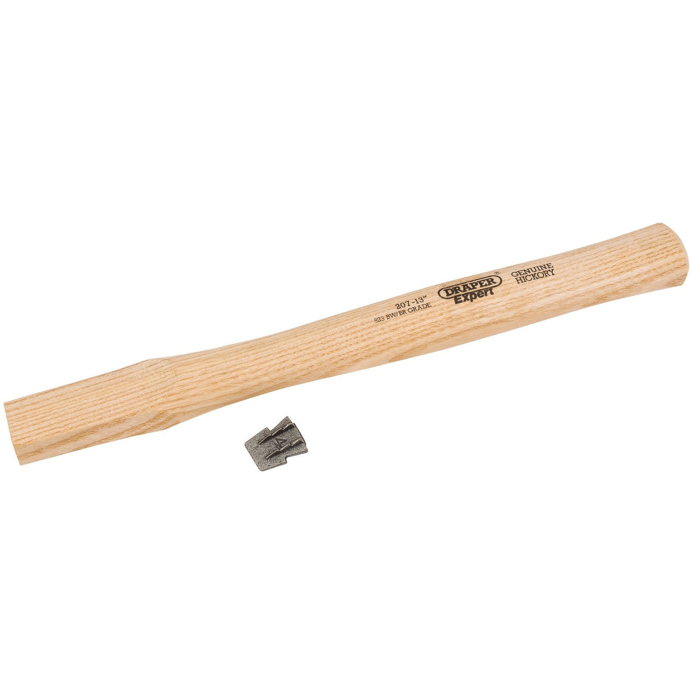 Draper Hickory Claw Hammer Shaft And Wedge, 330mm - W207, featuring a straight-grained hickory handle with brand markings and an accompanying metal wedge.