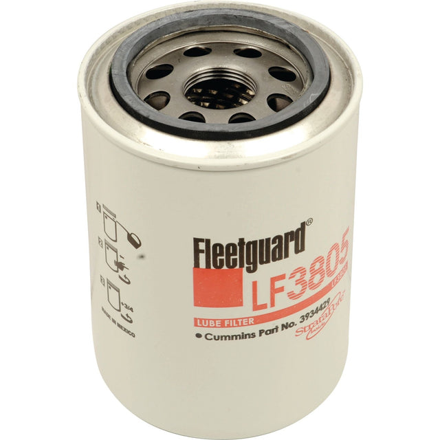 A white cylindrical Sparex S.109447 oil filter - Spin On - LF3805, featuring black and red labeling, an open metallic top revealing the filter mechanism, and compatibility with Case IH / International Harvester and Ford / New Holland equipment.