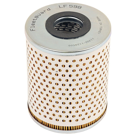 The Sparex Oil Filter - Element - LF598 (Sparex Part No. S.109493) is a cylindrical filter featuring perforated sidewalls, metal top and bottom plates, and partially visible manufacturer details including "Made in Turkey." It is ideal for use in agricultural machinery such as Claas DOMINATOR or Massey Ferguson tractors.