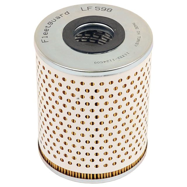 The Sparex Oil Filter - Element - LF598 (Sparex Part No. S.109493) is a cylindrical filter featuring perforated sidewalls, metal top and bottom plates, and partially visible manufacturer details including "Made in Turkey." It is ideal for use in agricultural machinery such as Claas DOMINATOR or Massey Ferguson tractors.