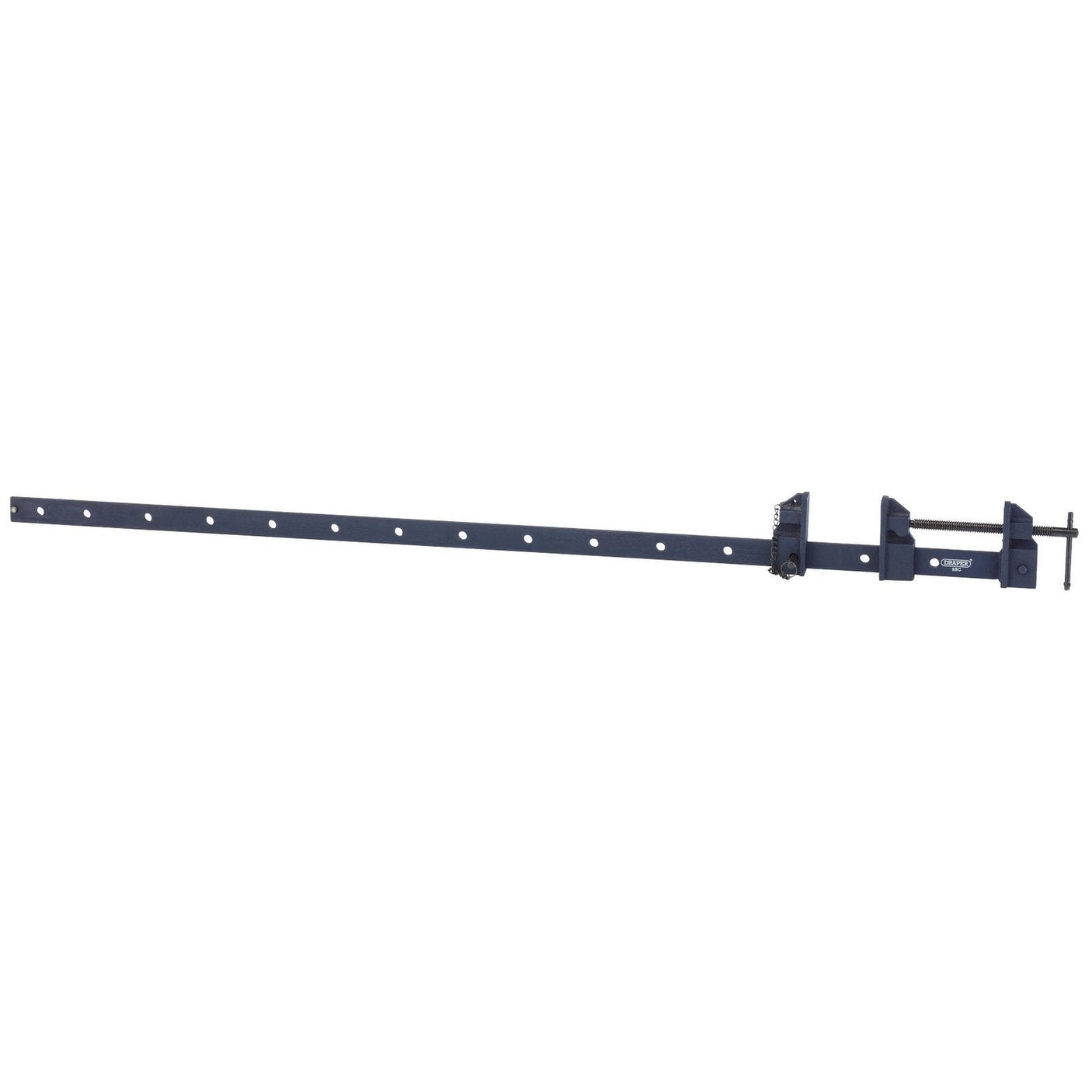 The Draper Sash Clamp, 1050mm - 590, from Draper, features a long bar with multiple holes, an adjustable mechanism on one end, and a sliding flat 'T' bar handle for ease of use.