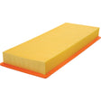 A rectangular yellow air filter with pleated paper sits on an orange base, making it perfect for use as a Massey Ferguson cab filter. This product is known as the Cab Filter, Sparex Part No. S.109734, by Sparex.