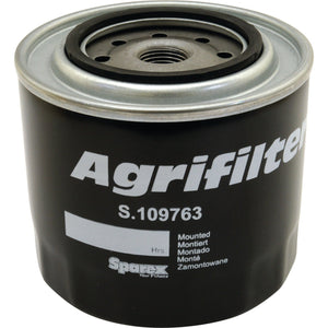 A black, cylindrical oil filter with the brand name "Sparex" and model number "S.109763" printed on it. The text includes a space for mounting details and mentions the brand "Spares." Ideal for Case IH and Ford New Holland machinery.