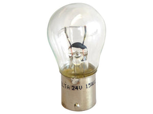 A close-up of a clear light bulb with a metallic base, labeled "Light Bulb (Filament) 24V, 15W, BA15s," showcases its intricate filament. This product is a Sparex part number S.110015.