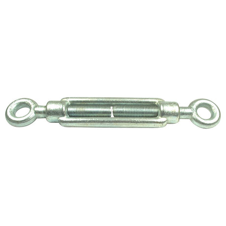 The Turnbuckle - Eye/Eye,⌀: M12 - S.11076 by Sparex is a metal turnbuckle featuring two threaded eye bolts at each end, designed for tensioning and adjusting the length of cables and rods, and conforms to DIN Standard specifications.