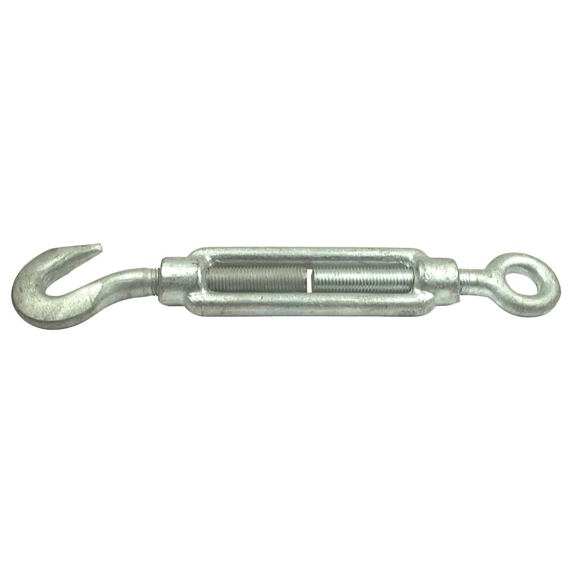 Close-up of the Sparex Turnbuckle - Hook/Eye (⌀: M6 - S.11078) with a hook on one end and an eye on the other, designed for adjusting tension in cables, rods, and other tension systems. This product's specifications ensure its durability and reliability under maximum load conditions.