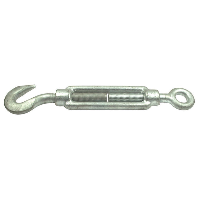 The Sparex Turnbuckle - Hook/Eye, ⌀: M12 - S.11081, is a metal tension-adjusting device featuring a hook on one end and an eye on the other, designed for use with cables, ropes, or similar applications.