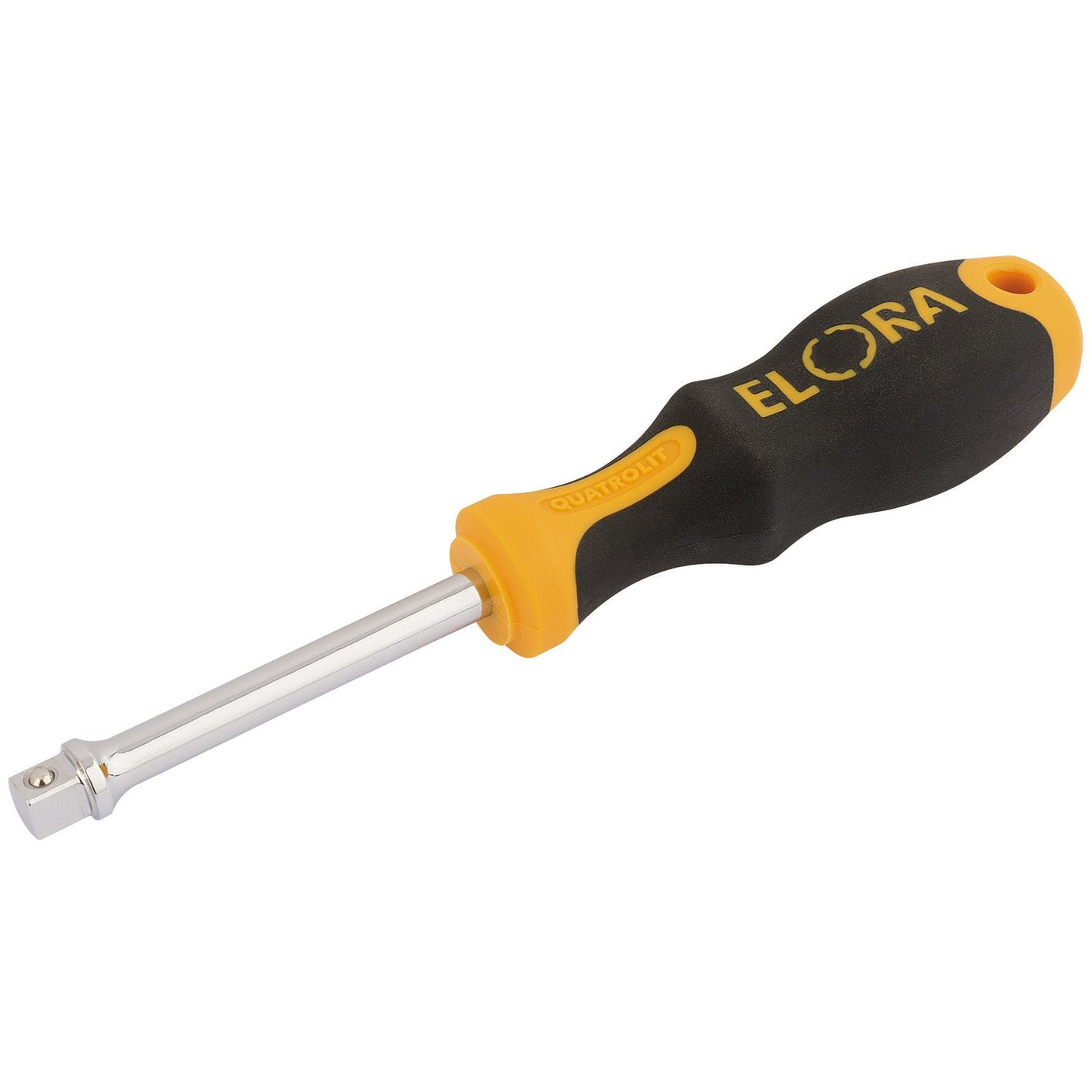 A screwdriver with a black and yellow Quatrolit® soft grip handle, featuring the brand name "Draper" displayed on it, crafted from durable chrome vanadium steel.