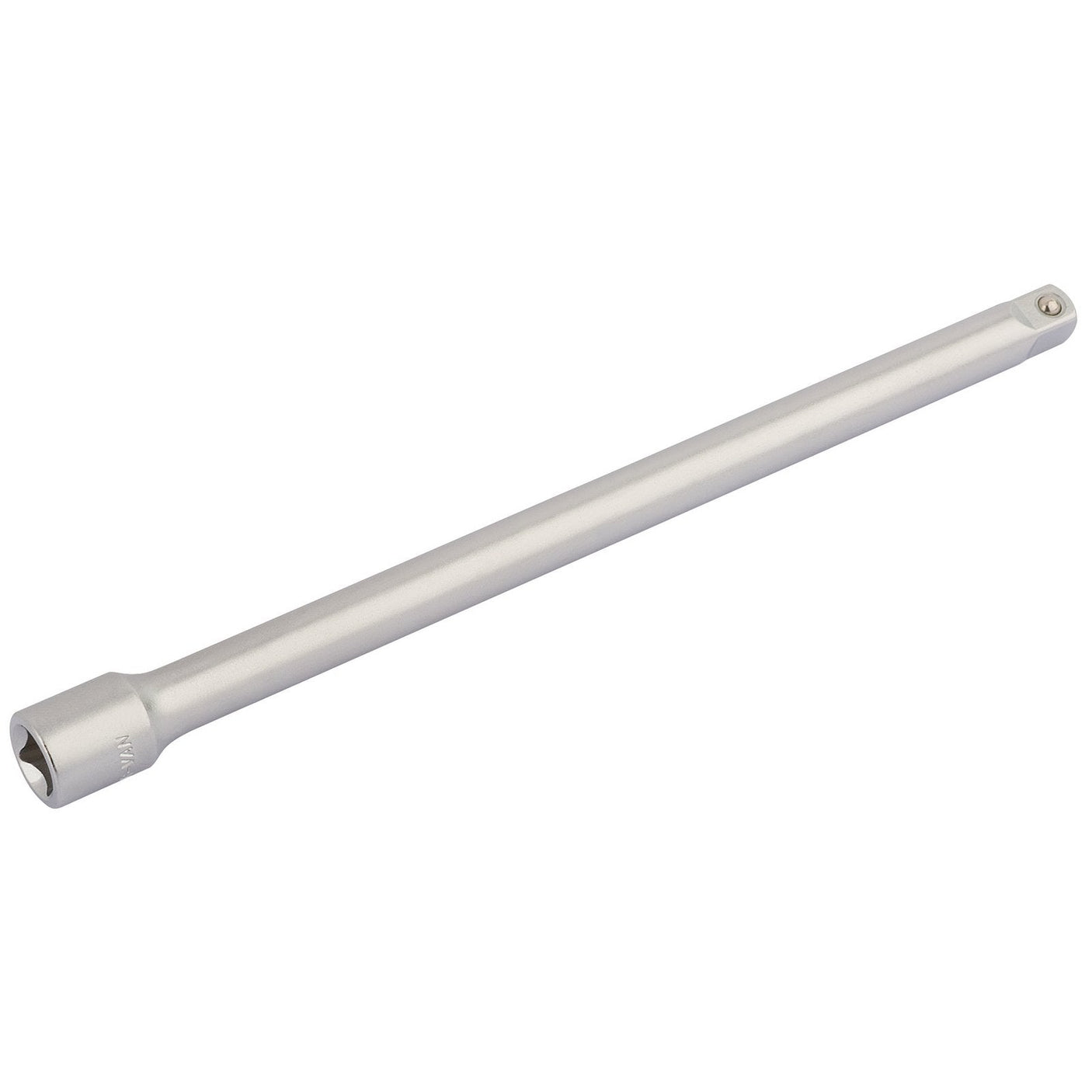 The Draper Elora Extension Bar, 1/4" Sq. Dr., 150mm - 1450-12 is a metallic extension bar designed for a socket wrench. Crafted from durable chrome vanadium steel, it features a square drive socket on one end and a corresponding drive hole on the other. This tool meets DIN 3123 standards and includes corrosion protection for enhanced durability.