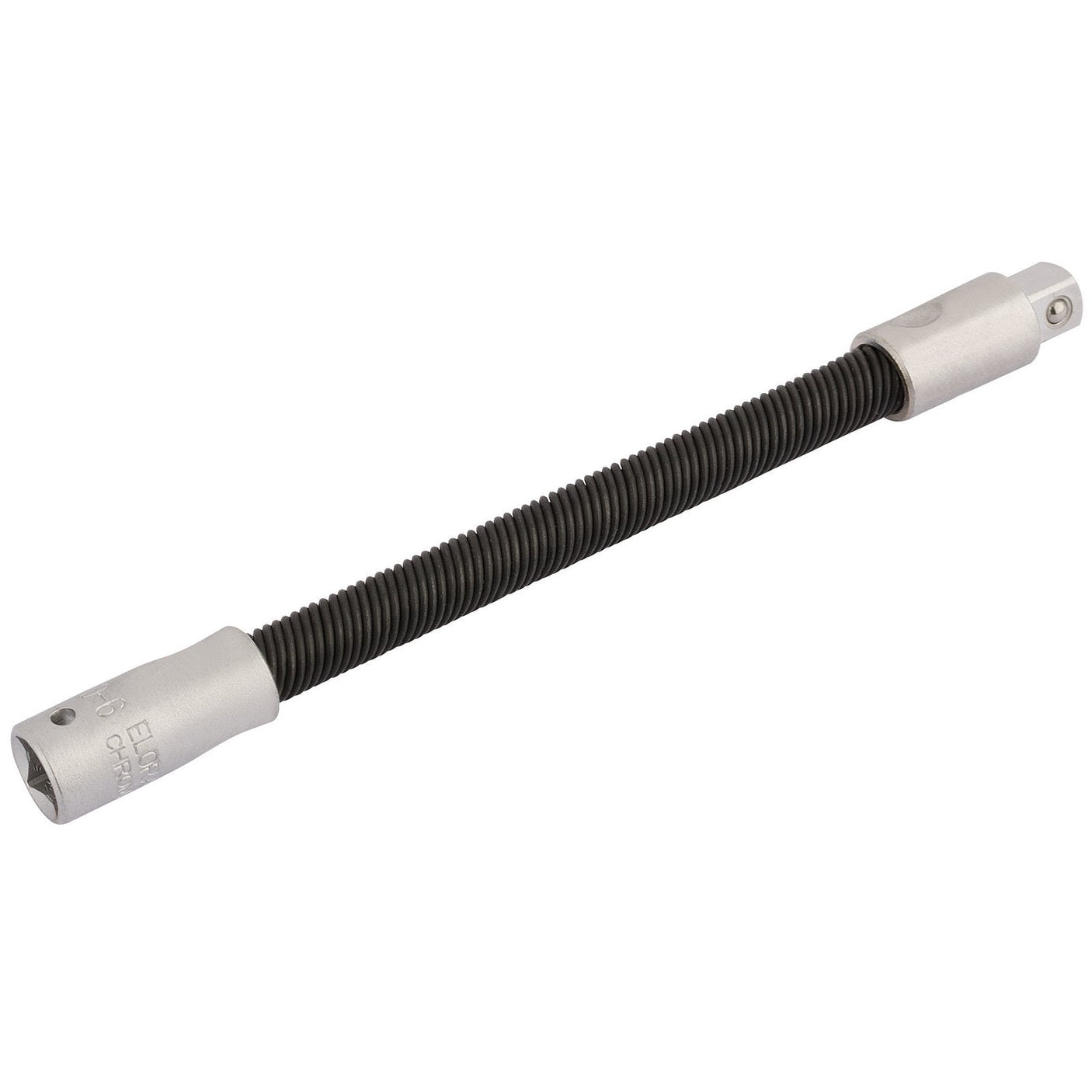 The Draper Elora Flexible Extension Bar, 1/4" Sq. Dr., 125mm - 1450-6 is a versatile tool featuring a black ribbed middle section and metallic ends for easy attachment to your tools, made from durable chrome vanadium steel to reach difficult or tight spaces effectively.