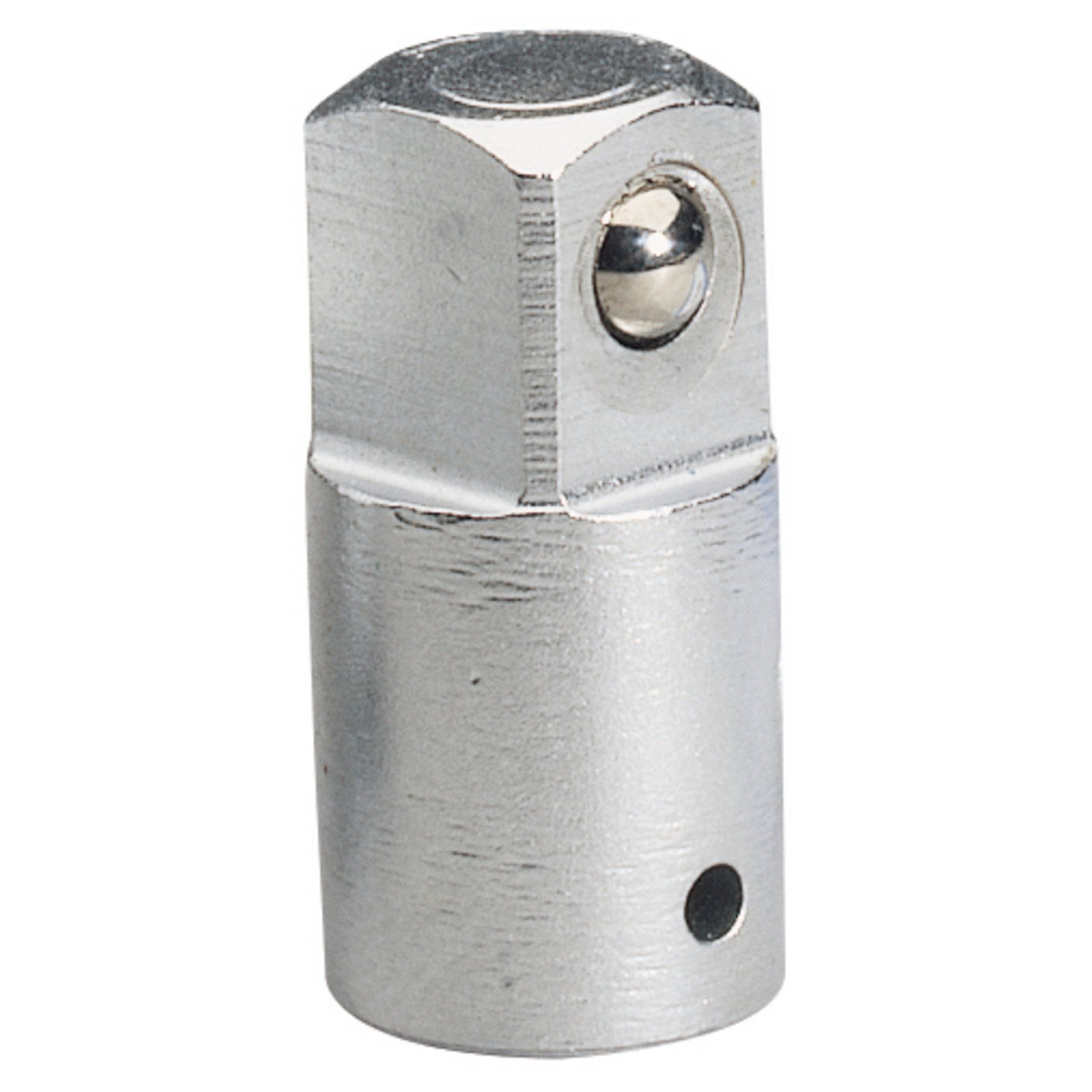 The Draper Elora Socket Converter, model 1450-15, is a robust adapter crafted from durable chrome vanadium steel. It features a hexagonal top section and a cylindrical bottom section, complemented by a ball-bearing lock mechanism on the side. This design meets DIN 3123 standards for corrosion protection.