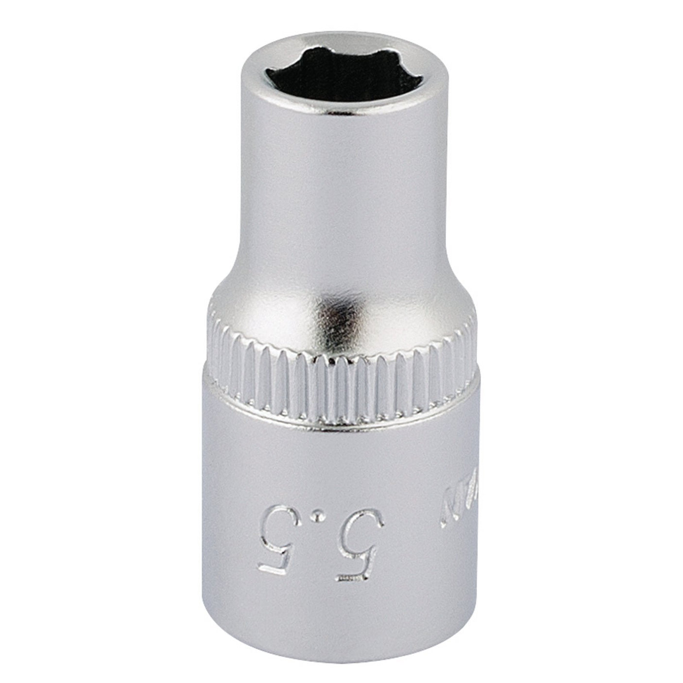 The Draper Elora Hexagon Socket, 1/4" Sq. Dr., 5.5mm - 1455-M 5,5 is a shiny, metallic socket with a hexagonal opening at the top, made from durable chrome vanadium steel. It features corrosion protection and has engraved text on the side.