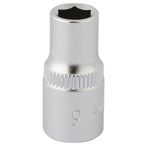 The Draper Elora Hexagon Socket, 1/4" Sq. Dr., 6mm - 1455-M 6, crafted from durable chrome vanadium steel for exceptional strength and corrosion protection, is designed for tightening or loosening bolts and conforms to DIN 3124/ISO 2725 standards.