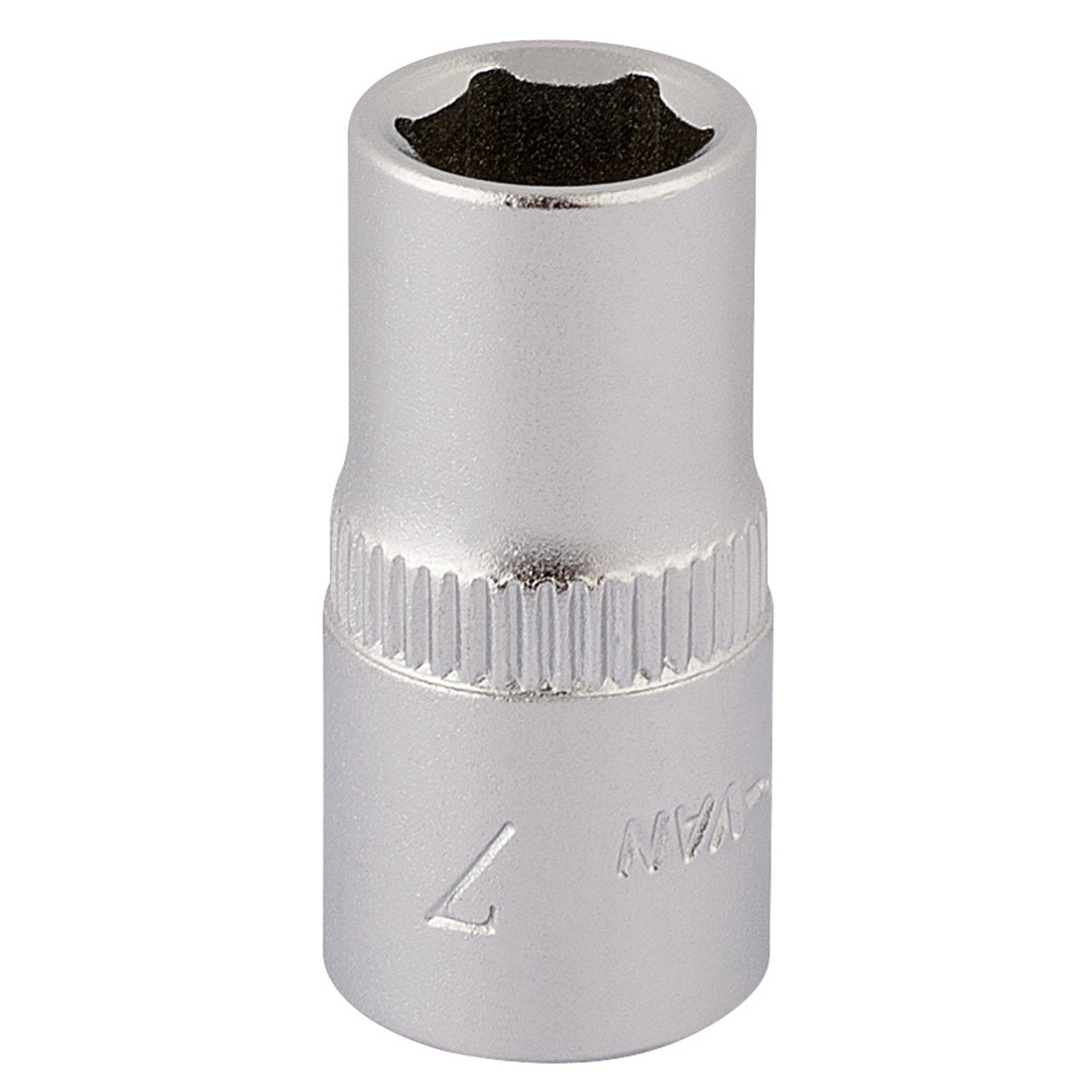 The Draper Elora Hexagon Socket, 1/4" Square Drive, 7mm - 1455-M 7 is crafted from durable chrome vanadium steel and features a knurled grip, a chamfered end, and a clearly labeled size of 7mm.