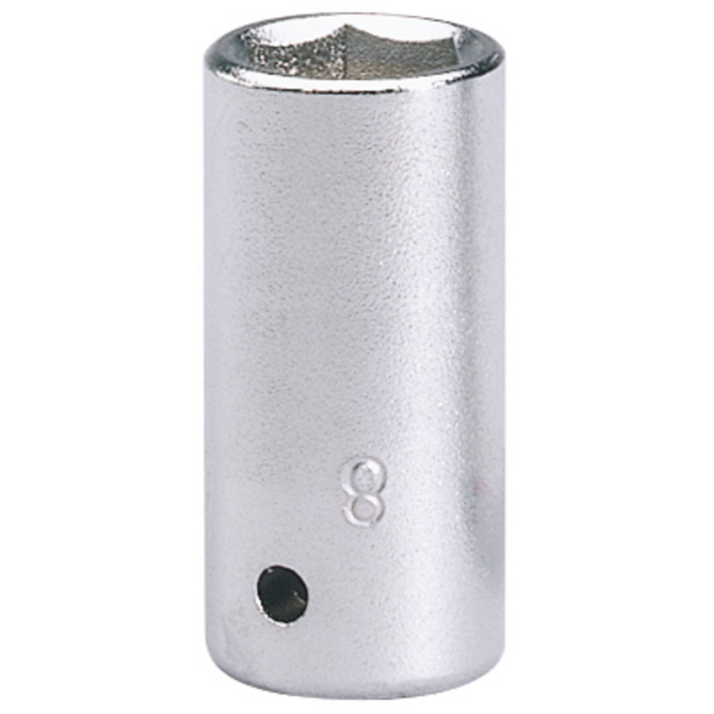 The Draper Elora Hexagon Socket, 1/4" Sq. Dr., 8mm - 1455-M 8, is a chrome vanadium steel socket with a hexagonal opening, "8" inscribed on the side, and a chamfered end for easier placement, designed for tightening or loosening bolts.