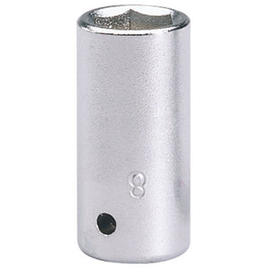 The Draper Elora Hexagon Socket, 1/4" Sq. Dr., 8mm - 1455-M 8, is a chrome vanadium steel socket with a hexagonal opening, "8" inscribed on the side, and a chamfered end for easier placement, designed for tightening or loosening bolts.