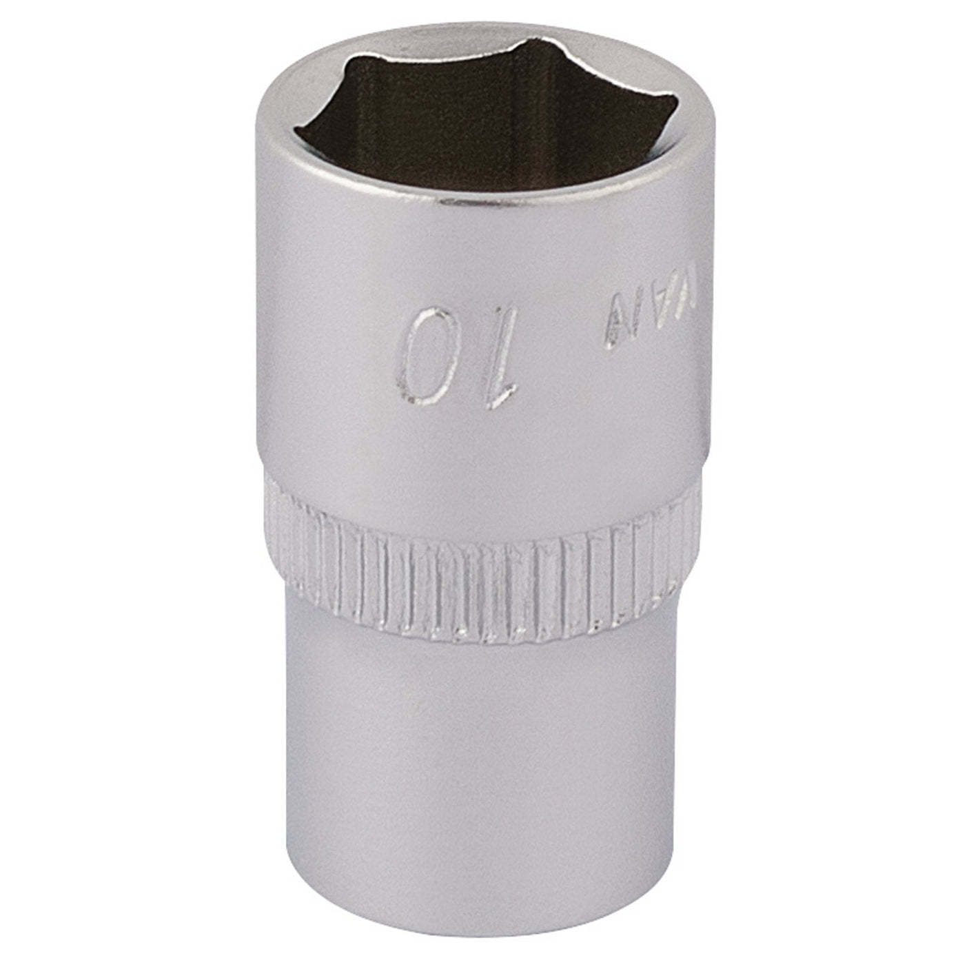 The Draper Elora Hexagon Socket, a silver six-point 10mm attachment with a 1/4" square drive (model 1455-M 10), is expertly crafted from durable chrome vanadium steel and features a knurled grip section for enhanced control and corrosion protection.