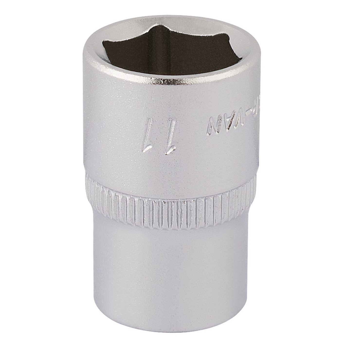 The Draper Elora Hexagon Socket, 1/4" Sq. Dr., 11mm - 1455-M 11, crafted from durable chrome vanadium steel, boasts a hexagonal opening and engraved markings for precision.