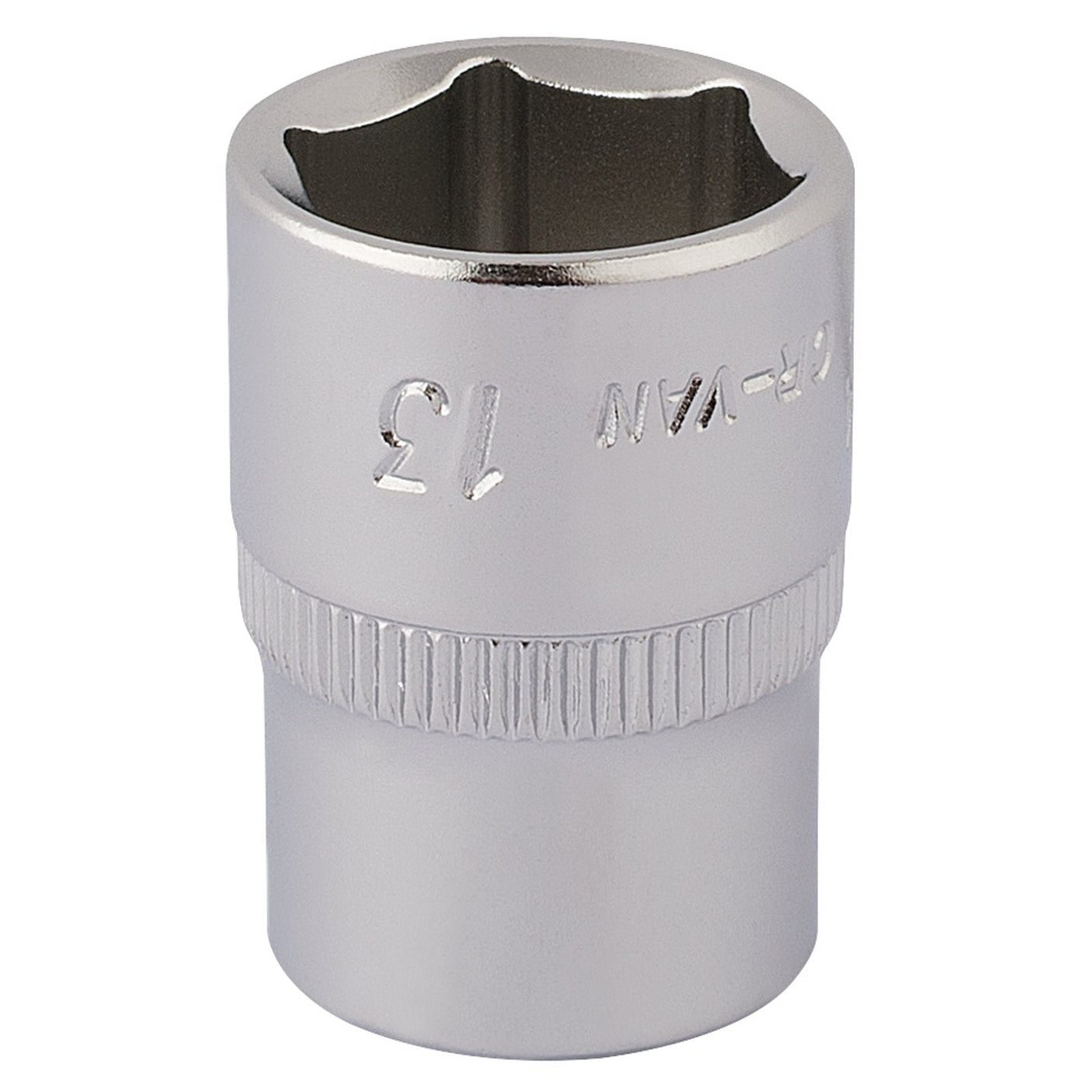 The Draper Elora Hexagon Socket, 1/4" Sq. Dr., 13mm - 1455-M 13 by Draper boasts a size marking of "13" etched on its side and is crafted from durable chrome vanadium steel. This socket features a hexagonal opening designed to fit onto bolts or nuts, adhering to the DIN 3124 standard for high-quality tools.