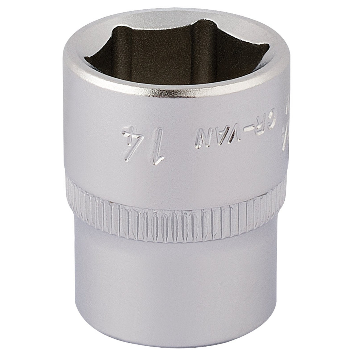 A close-up image of the Draper Elora Hexagon Socket, 1/4" Sq. Dr., 14mm - 1455-M 14 shows a shiny metal socket made from chrome vanadium steel with a hexagonal opening, perfect for turning nuts and bolts. The side features engraved text indicating its size: 14 mm. Designed to meet DIN 3124/ISO 2725 standards, it also boasts enhanced corrosion protection.