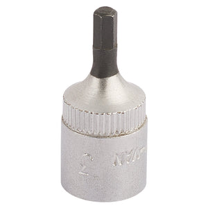 The Draper Elora Hexagon Screwdriver Socket, 1/4" Sq. Dr., 3mm - 1455-IN 3, boasts a silver base and a black hexagonal tip. Crafted from chrome vanadium steel, the base is engraved with markings for easy identification. This durable tool also offers enhanced corrosion protection for longevity.