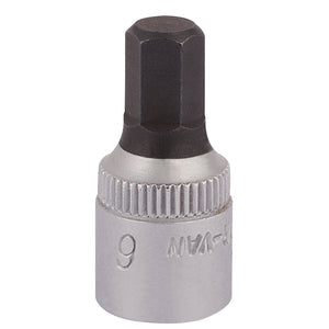 The Draper Elora Hexagon Screwdriver Socket, 1/4" Sq. Dr., 6mm - 1455-IN 6, is crafted from durable chrome vanadium steel and features a ridged middle section along with a hexagonal tip. It's designed for fastening or loosening hex head bolts and screws and is compatible with 1/4" square drive screwdriver sockets.