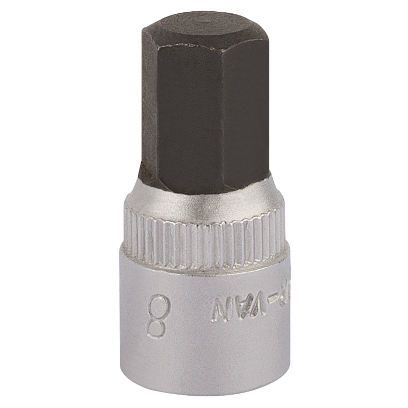 The Draper Elora Hexagon Screwdriver Socket, 1/4" Sq. Dr., 8mm - 1455-IN 8 features a durable metallic body made from chrome vanadium steel with a robust black hexagonal tip labeled "8," ensuring superior durability and corrosion protection.