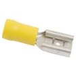 A Sparex Pre Insulated Spade Terminal, Standard Grip - Female, 9.5mm, Yellow (4.0 - 6.0mm), identified as S.11181, with a metal end for crimping onto a wire and capable of handling up to 24Amps.