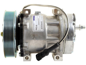 Image of a 24V (DC) Compressor (SD7H15) with pulley on one side and wire harness attached on top. The product, identified by Sparex Part Number S.111861, features labels, identification markings, and a Sparex Clutch for efficient operation.