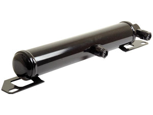 A cylindrical metal Filter Drier hydraulic reservoir with two mounting brackets and threaded ports on each end, isolated on a white background. Ideal for compatibility, this Sparex part ensures precision and reliability. Check the corresponding tariff code 8708299000 for detailed import information by using Sparex Part Number S.111974.