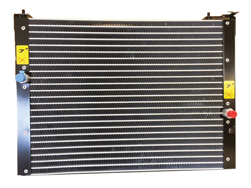 Image of a metal automotive condenser with cooling fins. The Sparex Condenser (Part Number: S.112027) features various colored caps and labels on either side.