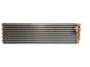 Rectangular metal condenser with horizontal fins and copper tubing on one side, ideal for use under Sparex part number S.112046.