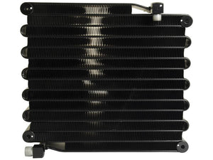 A black condenser, Sparex S.112049, with multiple horizontal fins designed to dissipate heat, featuring inlet and outlet ports on opposite sides.