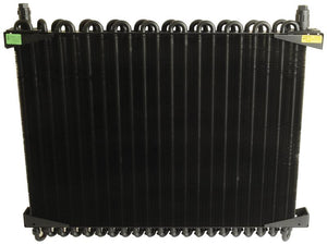 A black, rectangular automotive heat exchanger with coiled tubes and fins, featuring accurate core dimensions and clearly marked fitting inlet and outlet connections, identified as the Condenser (Sparex Part Number: S.112050) by Sparex, is seen against a plain background.